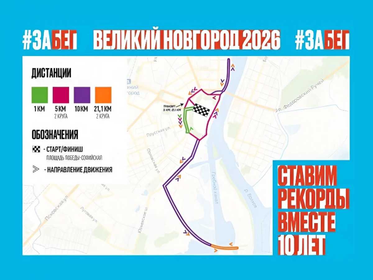 На время проведения полумарафона в центре Великого Новгорода перекроют движение