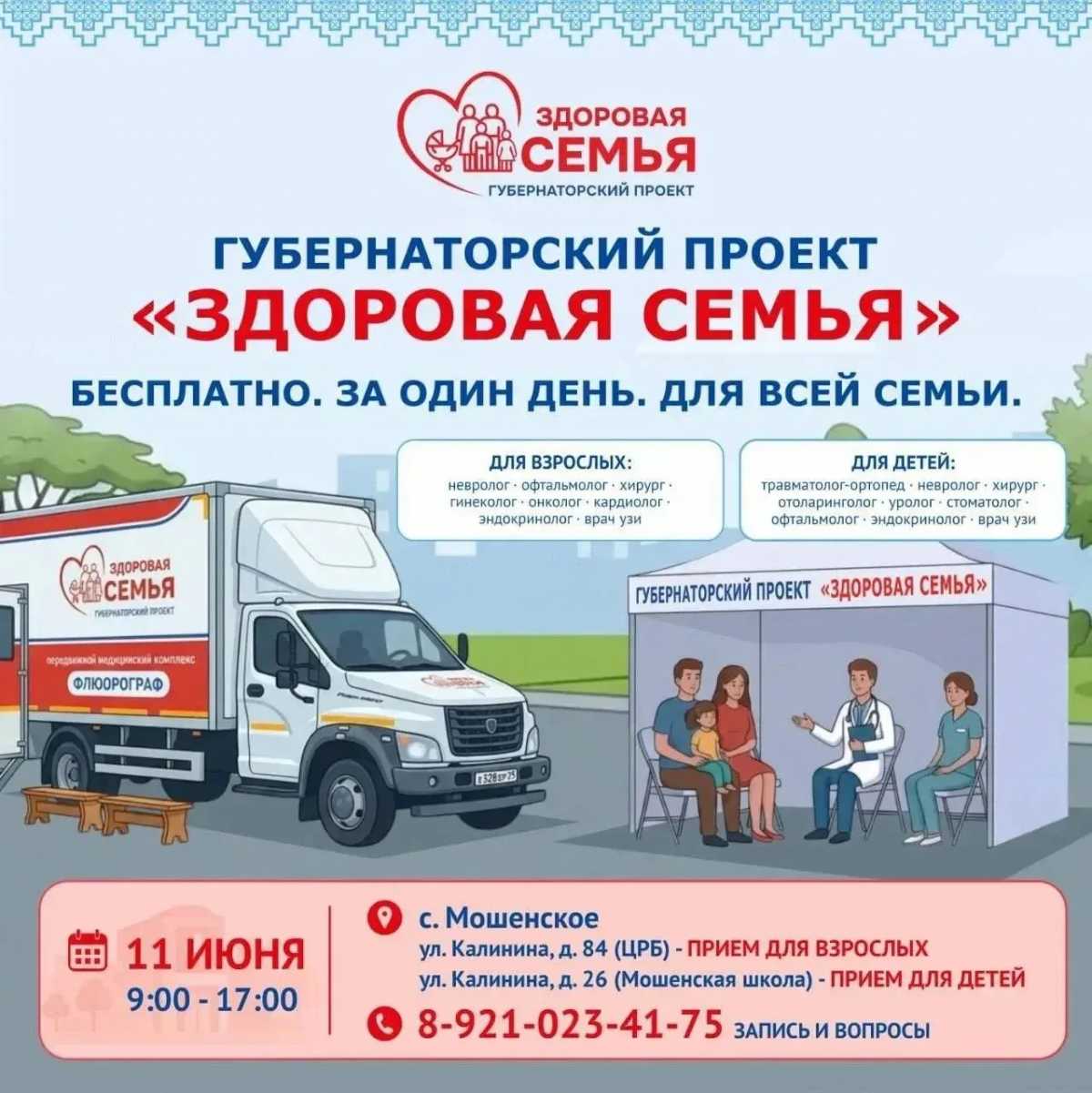 Команда губернаторского проекта «Здоровая семья» приедет в Мошенское Команда губернаторского проекта «Здоровая семья» приедет в Мошенское